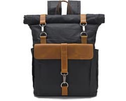 DE LAMASSU® Vintage Canvas Rugzak 15 Inch Laptop – Rolltop Backpack – Waterafstotend – Canvas & Echt Leer – 32x12x45-58 cm – Unisex