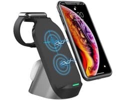 DrPhone QW2 3-in-1 Draadloze Oplader Dock – Geschikt voor iPhone, Apple Watch en AirPods – 15W (Android) / 7.5W (iPhone) – Zwart