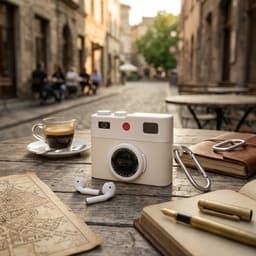 Wit hoesje voor oordopjes unisex in retro camera vorm met karabijnhaak geschikt voor AirPods Pro 3 met reliëf details en compact ontwerp — thumbnail 3