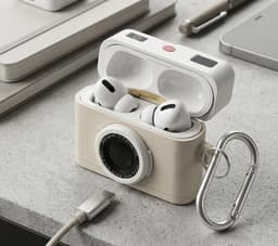 Wit hoesje voor oordopjes unisex in retro camera vorm met karabijnhaak geschikt voor AirPods Pro 3 met reliëf details en compact ontwerp — thumbnail 2