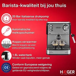 Haeger Super Espresso Pistonmachine - Espressomachine - 20 Bar - Koffiemachine Met Stoompijpje - Kopjesverwarmer - Coffee Machine - RVS - Zilver — thumbnail 2