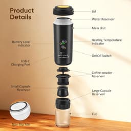 2026 Nieuw Koffiezetapparaat - 3 in 1 Mini Koffiemachine - Draagbare koffiemachine - Compatibel met capsules en gemalen koffie | 80ml - Koude en warme extractie - Eenvoudig te bedienen - Voor kamperen in de auto en op reis - Zwart — thumbnail 2