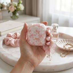 Wit transparant parelmoer hoesje voor oordopjes dames met roze strik patroon en vlinder hanger geschikt voor AirPods 4 hardcase beschermhoes — thumbnail 4