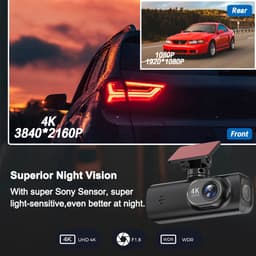 Dashcam met dubbele opnamefunctie voor en achter, 4K+1080P, ingebouwde wifi en gps, geschikt voor in de auto, bediening via een app, dubbele camera met nachtzicht, zwaartekrachtsensor, inclusief een geheugenkaart van 64 GB. — thumbnail 2