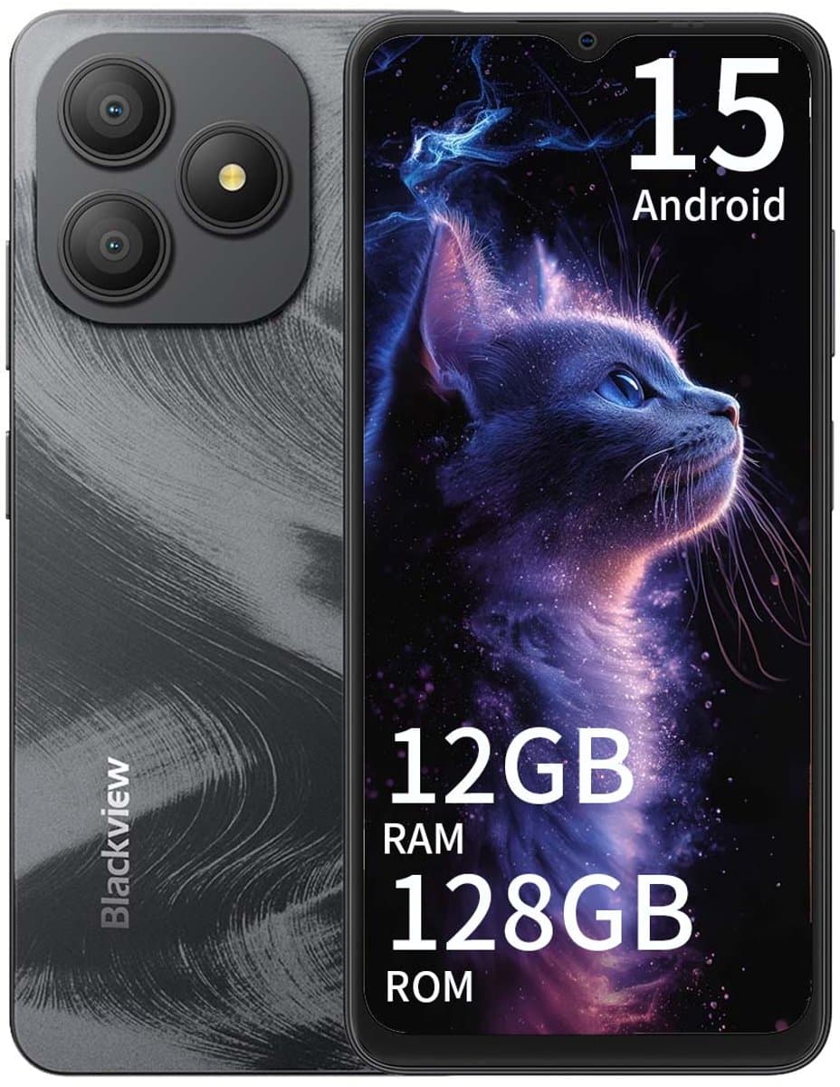 Blackview WAVE 9C Smartphone 4G - 12GB RAM - 128GB ROM - 6,56 inch - Android 15 - 5000 mAh - Dual SIM - GPS - OTG - Zwart — afbeelding 1