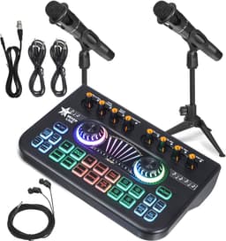 Professionele Audio Mixer Soundboard – 2-in-1 Podcast Set met Dubbele Microfoons & Voice Changer – Live Soundkaart voor Streaming, Gaming & DJ – Compatibel met PC & Telefoon — thumbnail 1