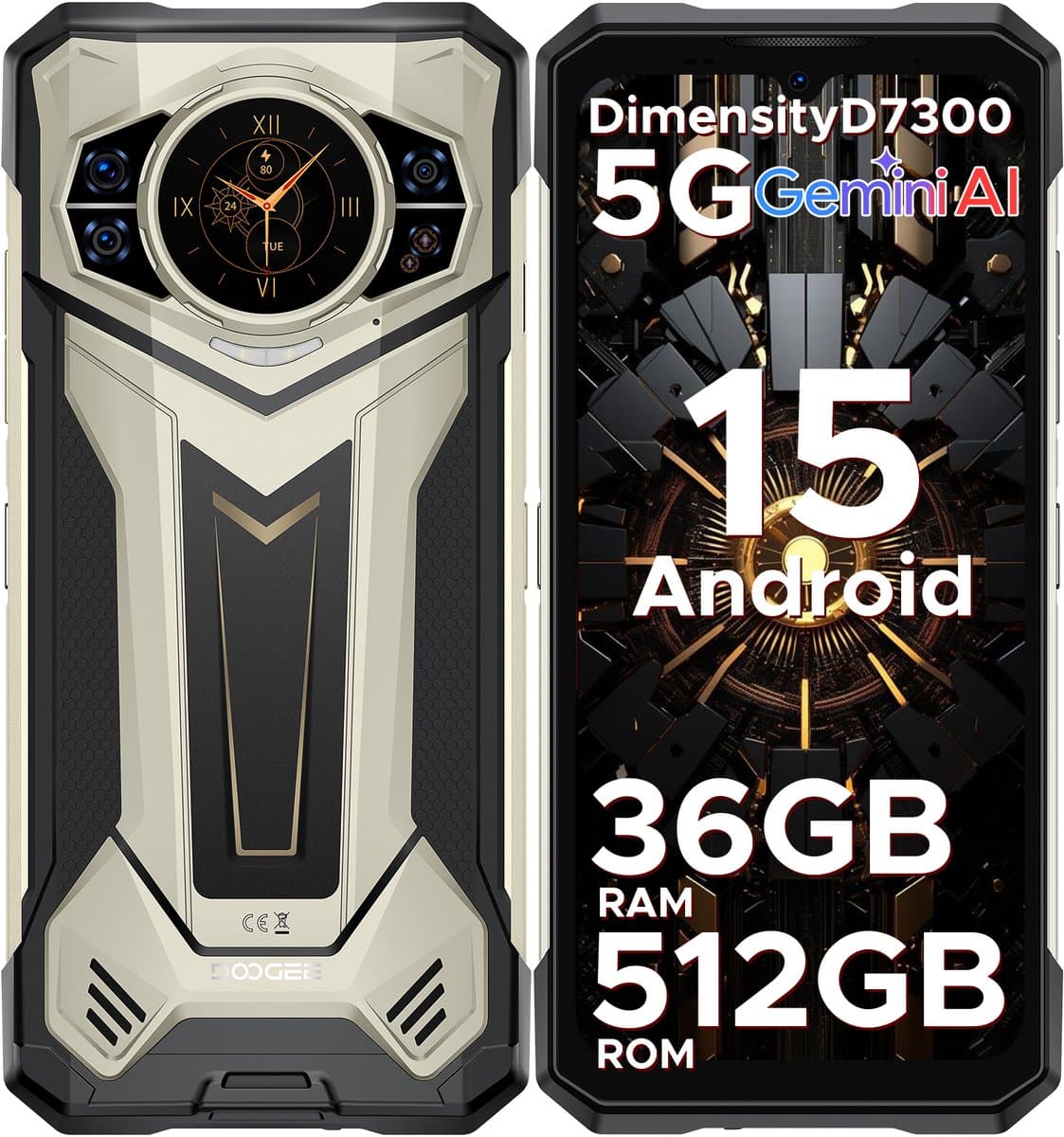 DOOGEE S200 PLUS 5G - Robuuste Smartphone - Robuuste Telefoon - 36 GB RAM + 512 GB ROM /2TB TF - Android 15 - 11100 mAh/33W - Dimensity 7300 - 6,72 inch + 120 Hz - Face ID - NFC - Bluetooth 5.4 -1.32" ronde AMOLED display - Goud — afbeelding 1