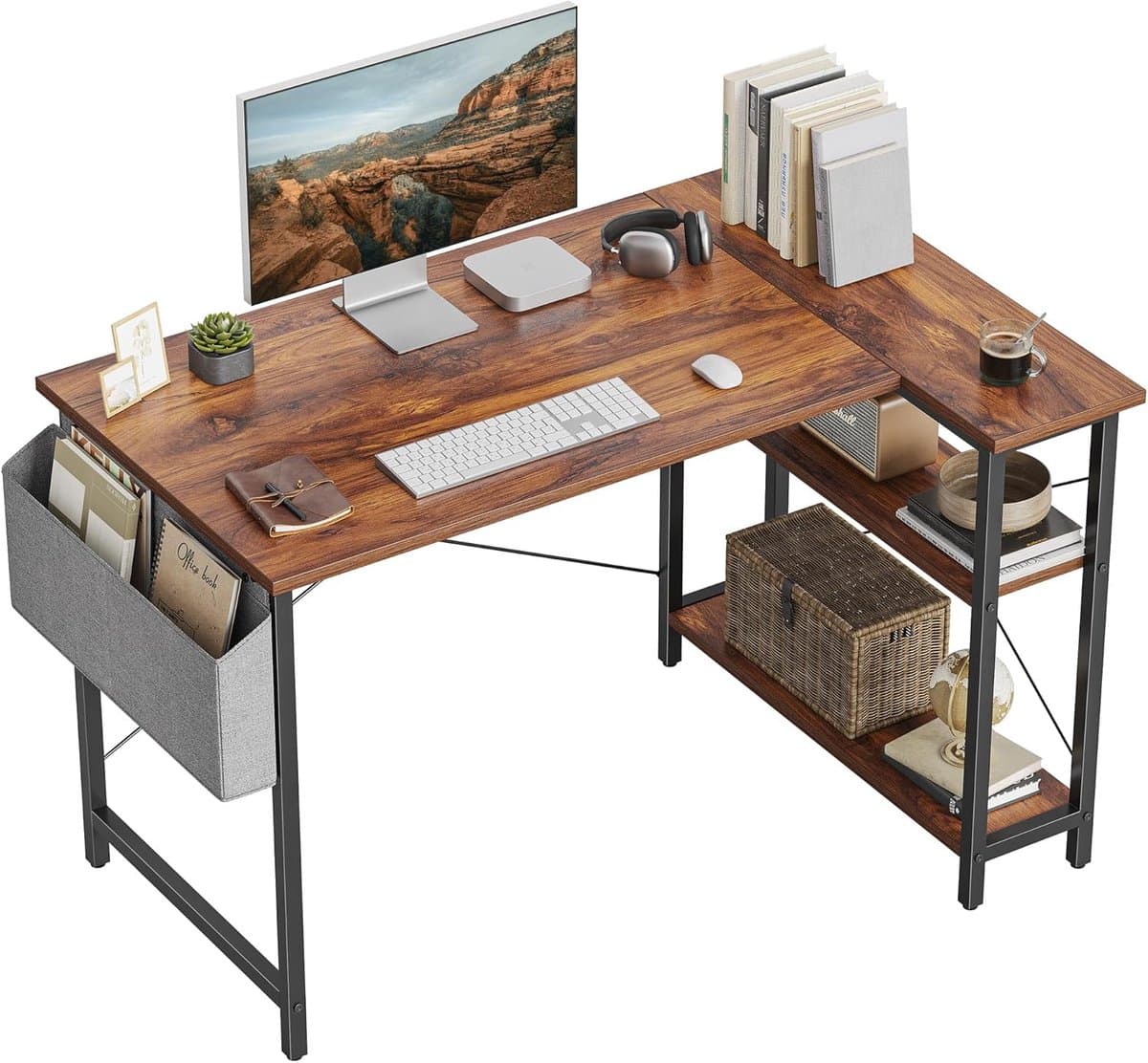 BOTC Bureau - Hoekbureau - 100 cm met opbergplanken - Bureau voor thuiskantoor - Rustiek bruin — afbeelding 1