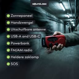 Noodradio Solar Opwindbaar met Powerbank en Zaklamp - Noodpakket voor Thuis - SOS Noodsignaal - Draagbare Radio op Zonneenergie - Zaklamp LED Oplaadbaar - USB-C en USB-A Kabel - Rood - Soundlogic — thumbnail 2
