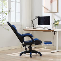 Ergonomische Bureaustoel/Gamingstoel – Verstelbare Rugleuning – 360° Draaibaar - Met Armleuningen En Voetsteun - Hoofdsteun & Lendensteun - Zwart, blauw — thumbnail 2