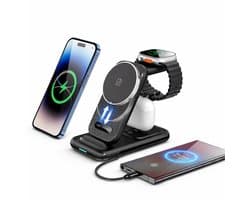 Evy24 4-in-1 Draadloze Oplader 15W – Qi Snellader met Magneet – Wireless Charging Station voor Smartphone, Smartwatch & Earbuds – Zwart