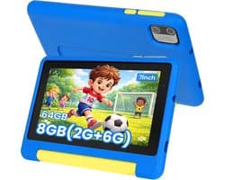 Kindertablet 7 inch - 128GB (64GB+64GB) + 8GB RAM - Tablet Inclusief Beschermhoes en 64GB SD-kaart - Ouderlijk Toezicht & Lange Batterijduur - Blauw