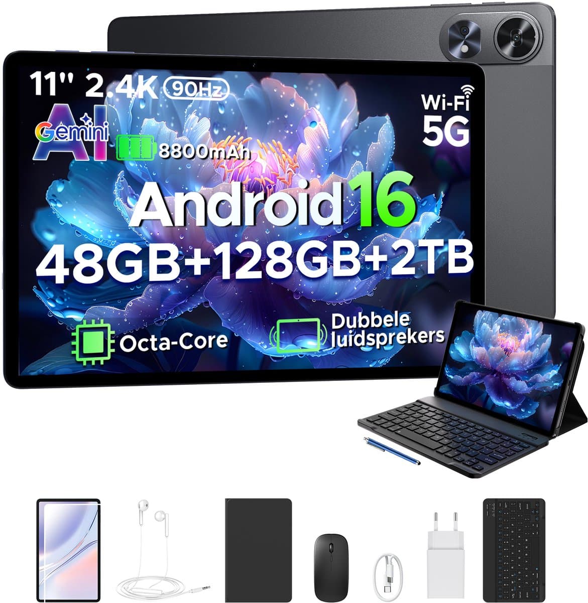 POCKAM P11 Pro - Tablet - 48 GB RAM (8+40 GB) + 128 GB ROM (2 TB/TF) - 11 inch FHD+ 90 Hz - Android 16 - 8800 mAh/18 W - T7250 - Dubbele luidsprekers - Gemini AI - Face ID - Widevine L1 - Complete accessoirebundel met toetsenbord en stylus - Zwart — afbeelding 1