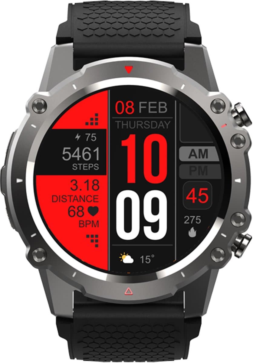 WizBay Premium Select® 1,45 Inch Smartwatch - Bluetooth Bellen - Hartslag Zuurstof - IP67 Waterdicht - Sportmodi - 280mAh - Zilver Zwart Extra Grijs Siliconen Band — afbeelding 1