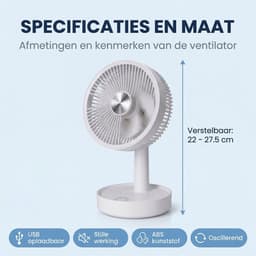 Lomera Tafelventilator Oplaadbaar USB - Draadloze Bureau Ventilator Oscillerend - Hoogte Verstelbaar - 3 Snelheden - Mini Ventilator Draagbaar Stil Compact - Wit - Kantoor Slaapkamer — thumbnail 5