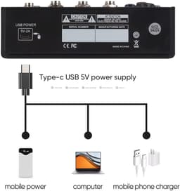 Bn4 mini 5 Kanalen Dj Mixing Console Met Geluidskaart 48V Fantoom Power Bluetooth Pc Voor Opname — thumbnail 2