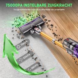 Fukstern Steelstofzuiger Draadloos – 75KPa Krachtige Zuigkracht – Tot 60 Min Accuduur – 3 Zuigstanden - Anti-Klit Vloerborstel – 7-voudig HEPA-Filtersysteem – 2L Stofreservoir – Groen Licht & Hygiënische Reiniging – goudkleurig — thumbnail 2