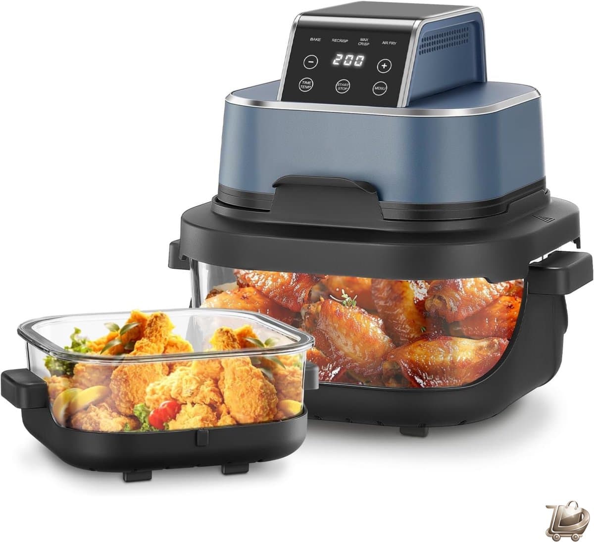 Draagbare Heteluchtfriteuse Set - 4 in 1 Airfryer - Bakken Recrisp en Max Crisp Functie - 4L en 1 5L Capaciteit - Compacte Airfryer met Afneembare Glazen Trays en Deksel - Heteluchtfriteuse voor 6 Porties Blauw - Airfryer - Friteuse - Heteluchtoven — afbeelding 1