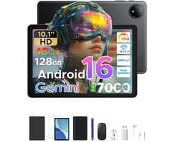 POCKAM P10 TAB - Tablet - 10,1 inch HD 90 Hz IPS - Android 16 - 48 GB RAM (8+40 GB) + 128 GB ROM - 7000 mAh - Quad-Core T310 - Dubbele luidsprekers - Volledige accessoirebundel met toetsenbord en stylus