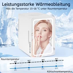 Glitzerlife - Multifunctioneel Skincare Mini-koelkast, 6 liter, klein, 12 V, 230 V, werkt stil, met spiegel en ledverlichting, Skincare koelkast voor cosmetica, cosmetica, koelkast, ideaal voor de auto -Wit — thumbnail 4