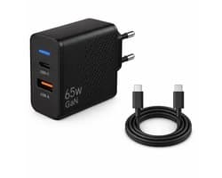Gmedia USB-C Oplader 65W - inclusief 1 meter USB-C naar USB-C – 2-Poorts Snellader met USB-C PD & USB-A QC 3.0 – Krachtige Universele Adapter voor Telefoon, Tablet & Laptop - Zwart