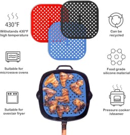 Siliconen Airfryer Liners Set van 3 - Square Mats - 21.5×21.5cm - Herbruikbaar & Anti-aanbak - Hittebestendige Matjes voor Heteluchtfriteuse - voor Dampfkorb en Mikrowellen - Rood, Blauw & Zwart — thumbnail 8