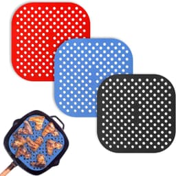 Siliconen Airfryer Liners Set van 3 - Square Mats - 21.5×21.5cm - Herbruikbaar & Anti-aanbak - Hittebestendige Matjes voor Heteluchtfriteuse - voor Dampfkorb en Mikrowellen - Rood, Blauw & Zwart — thumbnail 1