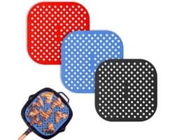 Siliconen Airfryer Liners Set van 3 - Square Mats - 21.5×21.5cm - Herbruikbaar & Anti-aanbak - Hittebestendige Matjes voor Heteluchtfriteuse - voor Dampfkorb en Mikrowellen - Rood, Blauw & Zwart