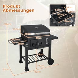 COSTWAY houtskoolgrill, grillwagen met deksel, wielen, 2 inklapbare zijtafels, grillrooster, thermometer, 6-voudige houtskoolhouder en opbergvak, staande grill, kolengrillwagen — thumbnail 2