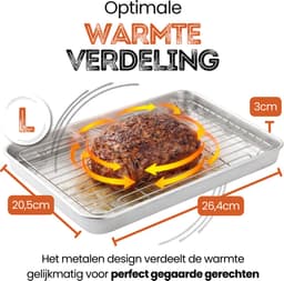 Braadslede met Afkoelrooster 304 RVS - 26,4 x 20,5 x 3 cm – Bakplaat voor Oven, BBQ & Airfryer – Zilver — thumbnail 5