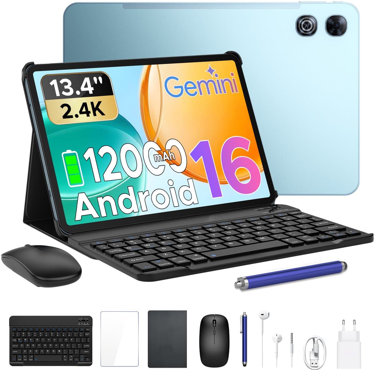 POCKAM P13 Tablets - 48 GB RAM 128 GB ROM - 13,4 inch 2,4K 120 Hz - Android 16 - Gemini AI - 12000 mAh/18 W - Face ID - Widevine L1 - 13 MP + 8 MP camera - Dubbele luidsprekers - Tablet met toetsenbord en pennenhouder - Blauw — afbeelding 1