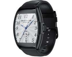 WizBay Premium Select® 2D Curved 1.77inch IPS Screen Elegante Smartwatch Dames Heren AMOLED - Android en iOS - Bluetooth Call - 02 Zuurstof - Dynamic Hartslag & Slaap Monitor - Message - Magnetic Laden - Smartwatches - Zilver Case Zwart Lederen Band