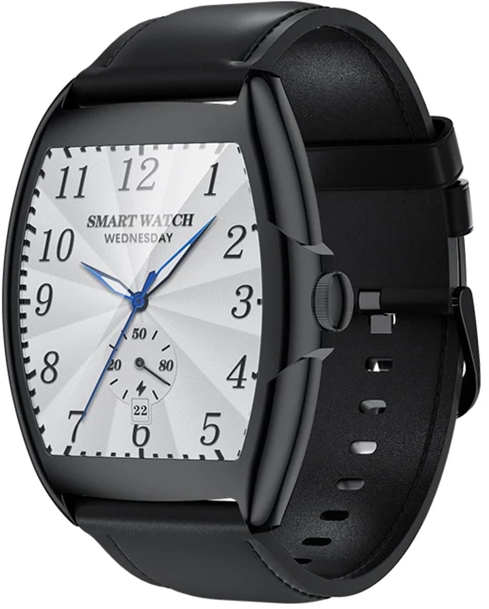 WizBay Premium Select® 2D Curved 1.77inch IPS Screen Elegante Smartwatch Dames Heren AMOLED - Android en iOS - Bluetooth Call - 02 Zuurstof - Dynamic Hartslag & Slaap Monitor - Message - Magnetic Laden - Smartwatches - Zilver Case Zwart Lederen Band — afbeelding 1