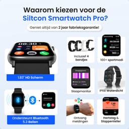 Siltcon® Smartwatch Heren Pro - Smartwatch Dames Pro - Sporthorloge Dames & Heren - Stappenteller Horloge - Hartslagmeter – Bloeddrukmeter - Slaapmonitor - Saturatiemeter – Belfunctie - Elke Smartphone - RVS - Elke pols - Incl. 4 Bandjes — thumbnail 2