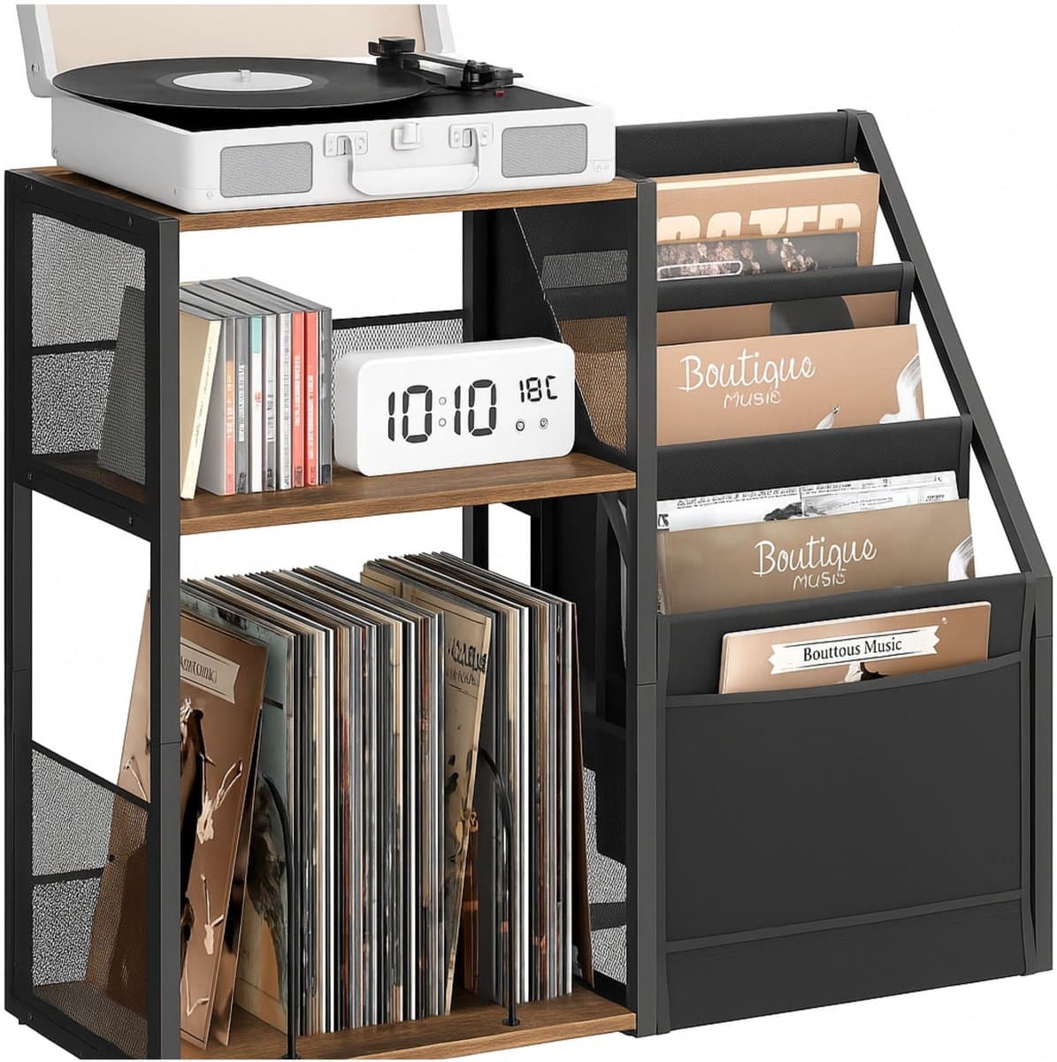Signature Home LP Opbergsysteem – Vinyl Opbergkast - Platenrek – Platenspeler Meubel met Opbergruimte – LP Kast voor ±140 Platen – Platenspeler Standaard – Hout Metaal – Bruin Zwart – 30x81x69 cm — afbeelding 1