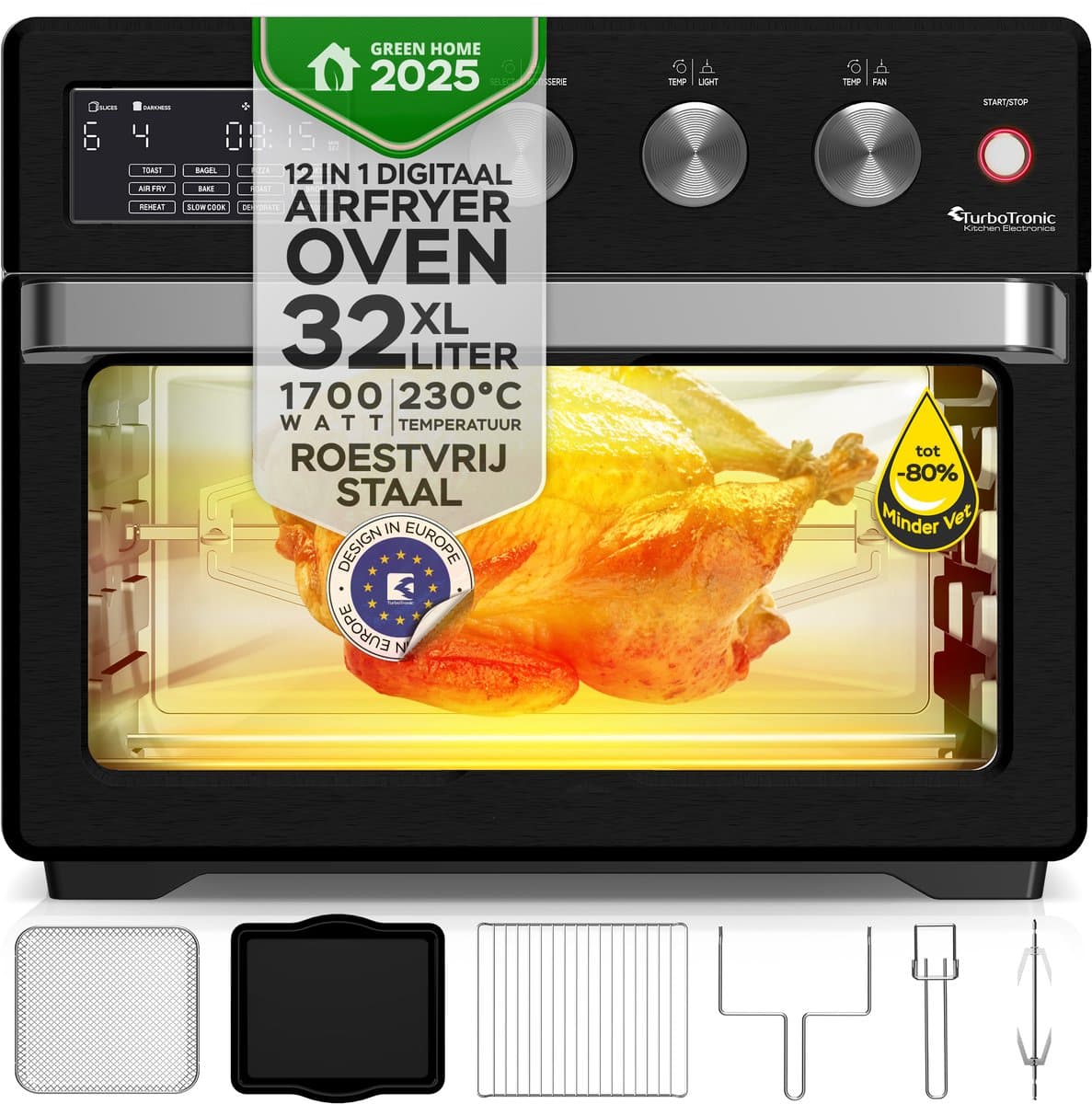 TurboTronic AF32DRD Airfryer XXL en Mini Oven – 32 Liter – Vrijstaande Oven – 12 Kookprogramma’s – 25° tot 230°C – Zwart — afbeelding 1
