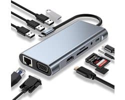 USB C HUB - Docking station - 11-in-1 USB C-adapter met 4K-HDMI - VGA - USB 3.0-poorten - Type C PD - Gigabit Ethernet RJ45 - SD/TF-kaarten - 3,5 mm AUX