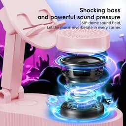 Draadloze inductie-audio-Bluetooth-luidspreker, 5-in-1 telefoonhouder, oplaadbaar voor noodgevallen met kleurrijk omgevingslicht - Bluetooth-vrije tabletstandaard met automatische verbinding, 360° geluid en RGB-verlichting (roze) — thumbnail 3