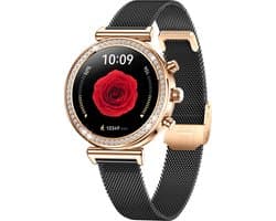 Knobbout Luxe Dames Smartwatch 1.27” met Kristallen – Bluetooth Bellen – HD Touchscreen – Hartslag, Bloeddruk & SpO₂ Monitoring – Vrouwelijke Gezondheidsfuncties – AI spraakassistent– IP68 Waterdicht – Zwart stalen band