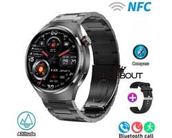 Knobbout 1.6(3.7cm) inch Stijlvolle HD Kleurenweergave Scherm smartwatch - Ingebouwd Kompas - Hoogtemeter en Barometer - Krachtige NFC-functie - Bluetooth Handsfree Bellen - Dynamische Interactieve Weergave - Zwarte staal en siliconen horlogeband