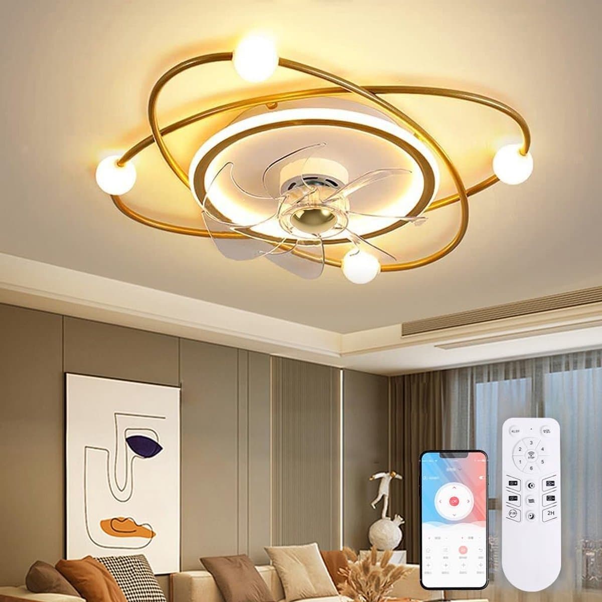 LuxiLamps - Krullen Ventilator Plafondlamp - Plafondventilator 50 cm - Goud - Smart Lamp - Met Dimmer - 6 Standen Ventilator - Keuken Lamp - Woonkamerlamp - Moderne Lamp - Slaapkamer Lamp Ventilator — afbeelding 1