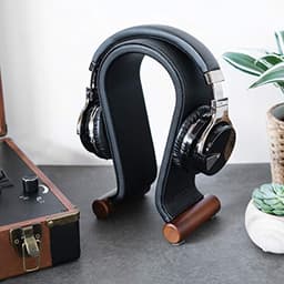 Hoofphonehouder met kunstleren bekleding - Universele hoofdtelefoonstandaard met houten voet - Stijlvolle en functionele oplossing voor je hoofdtelefoons — thumbnail 2