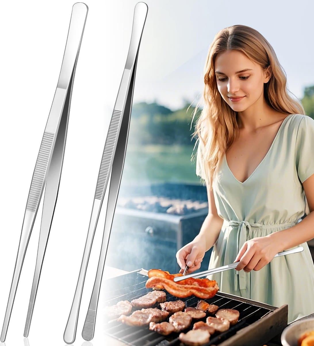 2-pack van 30 cm kookpincetten, roestvrijstalen keukenpincetten met dubbelzijdig ontwerp en antislip handgrepen, kokspincet voor frituren, serveren, pasta, grillen, airfryer en voedselbereidingsgereedschappen — afbeelding 1