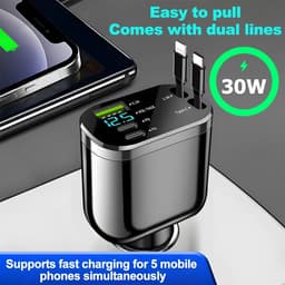 Intrekbare autolader - 4-in-1 supersnelle telefoonlader voor in de auto, accessoires voor het opladen van mobiele telefoons met twee type C-kabels en 2 USB-poorten, universeel voor SUV, sedan en vrachtwagen — thumbnail 4
