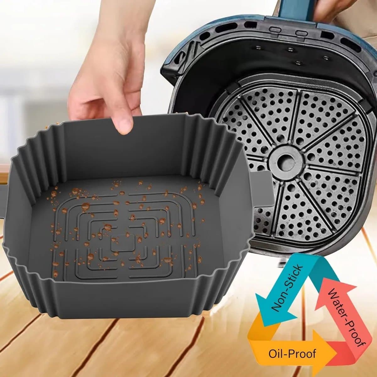 Grijze siliconen bakplaat Geschikt voor heteluchtfriteuse, 17/20 cm diameter, 3 cm hoog, antiaanbaklaag, herbruikbaar, met handgreep en afvoergleuf Geschikt voor olie aan de onderkant. — afbeelding 1