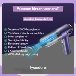 Kruimeldief Snoerloos – 15000 PA Zuigkracht – 7 Opzetstukken – Auto Handstofzuiger met HEPA Filter – Air Duster – Kruimelzuiger – Woodoro — thumbnail 7