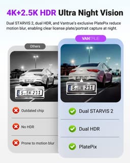Vantrue S1 Pro Max 4K+2.5K Dashcam Voor- en Achterkant, Dual STARVIS 2 Dashcam, 2-Kanaals HDR Dashcamera voor Auto's, PlatePix Nachtzicht, 5G WiFi, Spraakbediening, GPS, ADAS, 24Uur Parkeermodus, Max. 1TB. — thumbnail 3