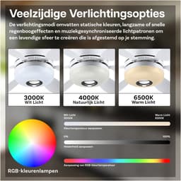 Plafondventilator met Lamp door MMOBIEL – LED Plafondventilator met Bluetooth Speaker, E27 Fitting, RGB Licht, Dimbaar 3000K-6500K, Muzieksync, 3 Snelheden, 2x6 Bladen, Afstandsbediening – Wit — thumbnail 4