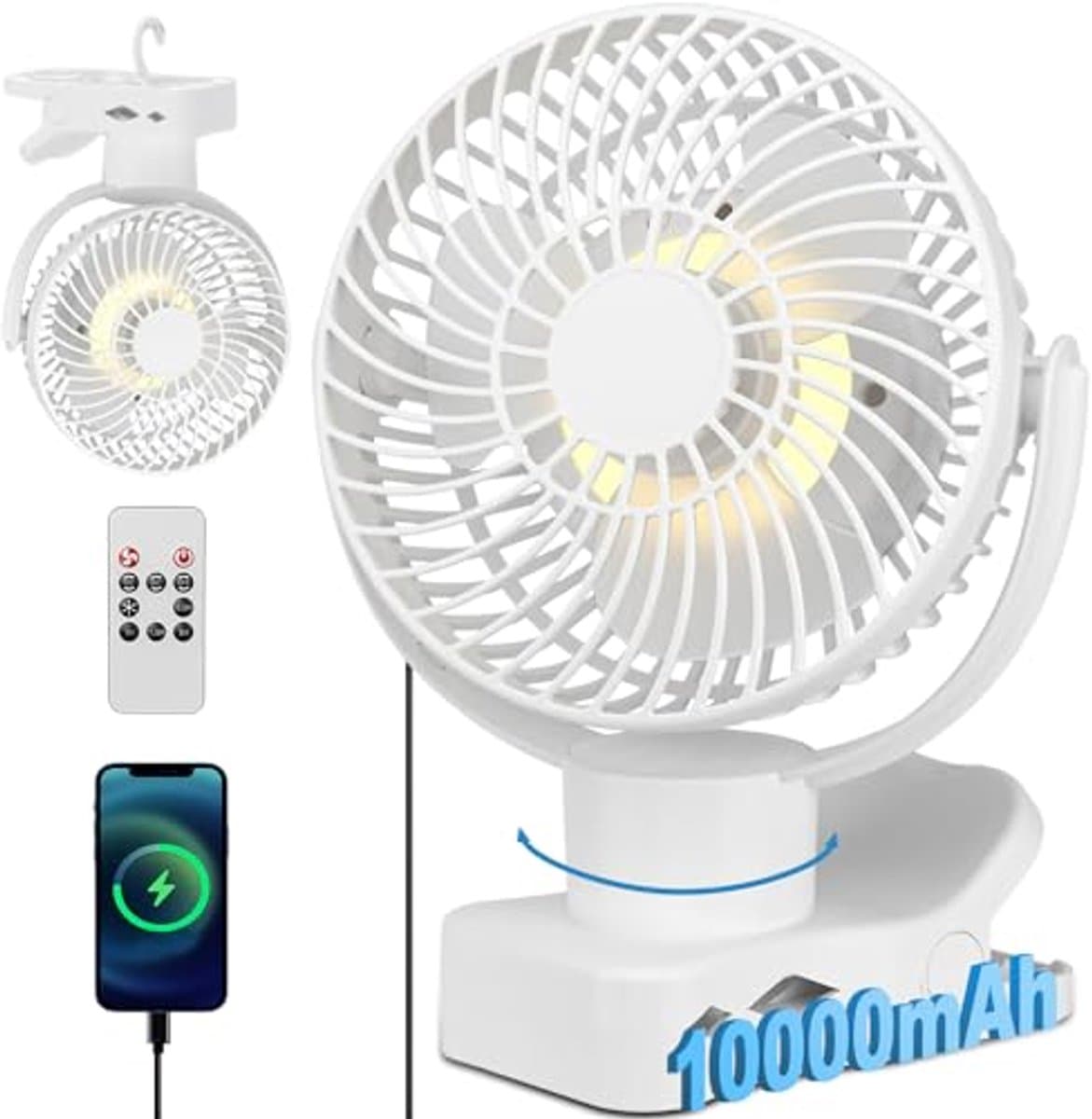 Draagbare 360° Oscillatie Clipventilator met Afstandsbediening - USB Tafelventilator met 10.000 mAh Accu en 4 Snelheden — afbeelding 1