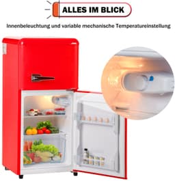 Retro koelkast. Vriescombinatie. 88,8 cm hoog, 45,5 cm breed, tweedeurs, met een totaal volume van 60 liter, een vriescapaciteit van 22 liter. 102 kWh/jaar, -27 °C ∽ 13 °C, ledverlichting. Premium rood, energieklasse E. — thumbnail 15